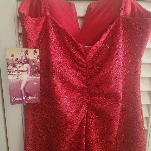 Emerald Sunday Red Sparkly Dress with Ruched Detail - Picture 2 of 4